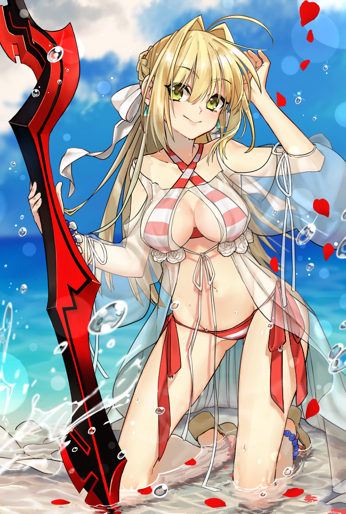 :&gt; aestus_estus ahoge anklet bangs bare_shoulders beach bead_bracelet beads bikini blonde_hair blue_sky bracelet braid breasts bun_(lv1_bun) cleavage closed_mouth cloud cloudy_sky commentary_request criss-cross_halter day drawstring dress eyebrows_visible_through_hair fate/grand_order fate_(series) french_braid full_body gown green_eyes groin hair_bun hair_intakes halter_top halterneck hand_to_head hand_up holding holding_sword holding_weapon jewelry kneeling large_breasts legs_apart long_hair looking_at_viewer medium_breasts navel nero_claudius_(fate)_(all) nero_claudius_(swimsuit_caster)_(fate) ocean outdoors petals planted_sword planted_weapon red_bikini rose_petals sandals side-tie_bikini sidelocks sky smile solo striped striped_bikini swimsuit sword twintails water water_drop weapon