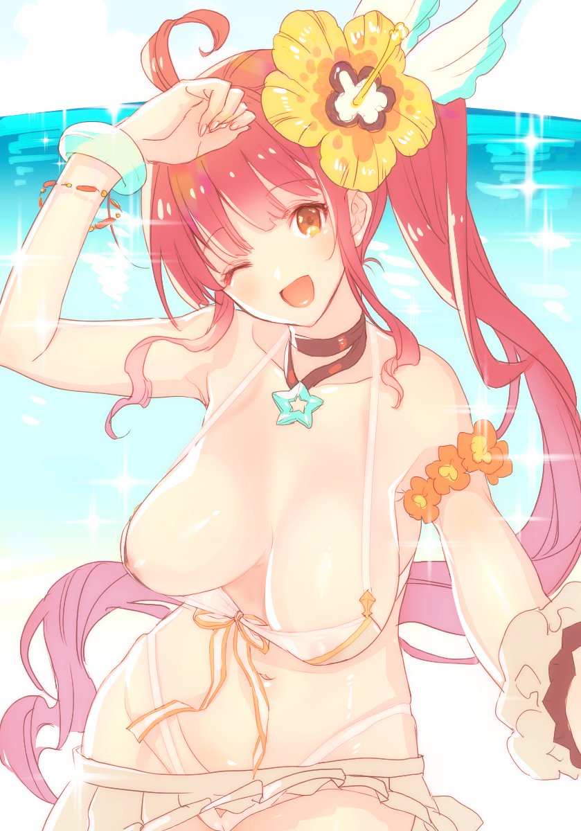 areola_slip areolae armlet bangle bare_shoulders beach bikini bracelet breasts brown_hair collarbone diantha_(granblue_fantasy) flower granblue_fantasy hair_flower hair_ornament hair_ribbon highres huge_breasts jewelry koza_game long_hair necklace nipples one_eye_closed open_mouth red_hair ribbon scrunchie side_ponytail solo star swimsuit water
