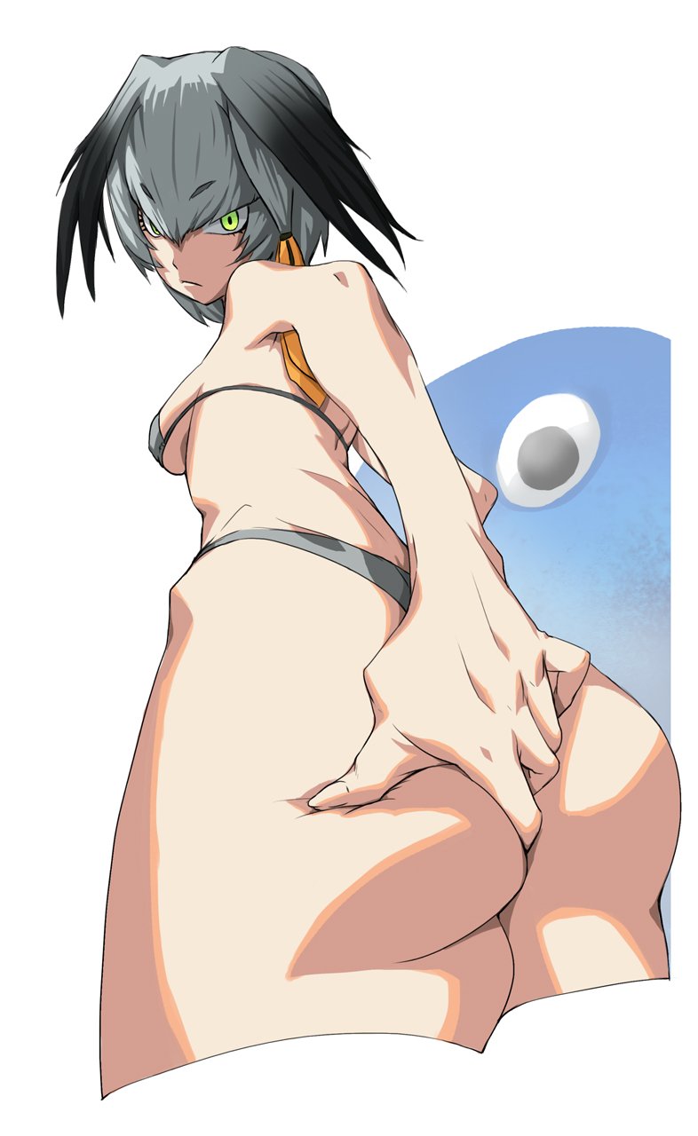 ass ass_grab bangs bikini black_hair breasts closed_mouth cowboy_shot cropped_legs fenris foreshortening from_behind from_below grabbing_own_ass green_eyes grey_bikini grey_hair hair_ornament hands highres kemono_friends looking_at_viewer looking_back multicolored_hair no_tail shoebill_(kemono_friends) sideboob simple_background small_breasts solo staring swimsuit two-tone_hair