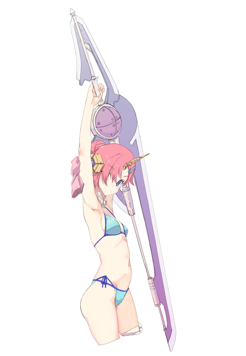 armpits arms_up bandages bikini blue_bikini blue_eyes breasts fate/apocrypha fate/grand_order fate_(series) frankenstein's_monster_(fate) frankenstein's_monster_(swimsuit_saber)_(fate) hair_bun hair_over_one_eye highres holding holding_sword holding_weapon horn kurokuro looking_at_viewer pink_hair sideboob simple_background small_breasts solo swimsuit sword thighhighs weapon white_background