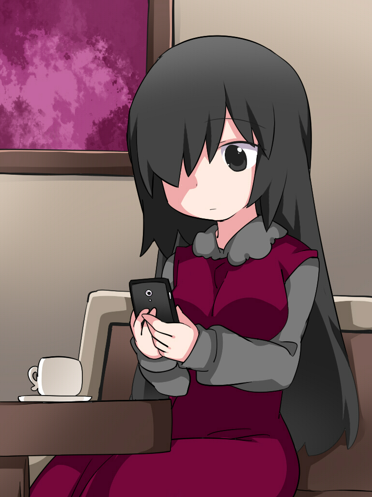 black_hair cellphone chair commentary cup dress grey_eyes hair_over_one_eye hammer_(sunset_beach) long_hair original phone red_dress sitting smartphone solo table