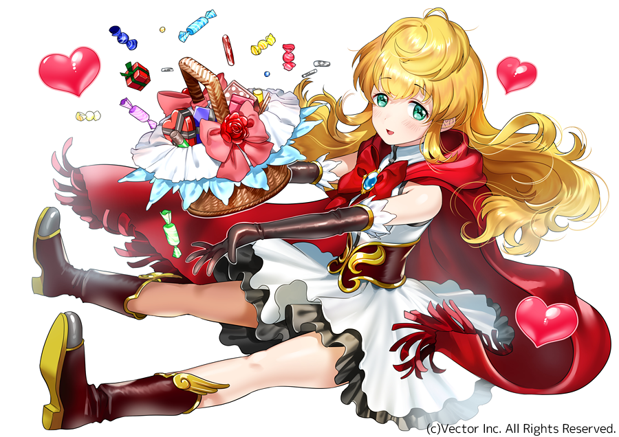 bangs blonde_hair blush boots brown_footwear brown_gloves candy cape commentary_request curly_hair elbow_gloves eyebrows_visible_through_hair food frilled_skirt frills gem gloves green_eyes heart long_hair looking_at_viewer official_art ogino_atsuki open_mouth original outstretched_arms red_cape simple_background sitting skirt smile solo tareme watermark white_background white_skirt
