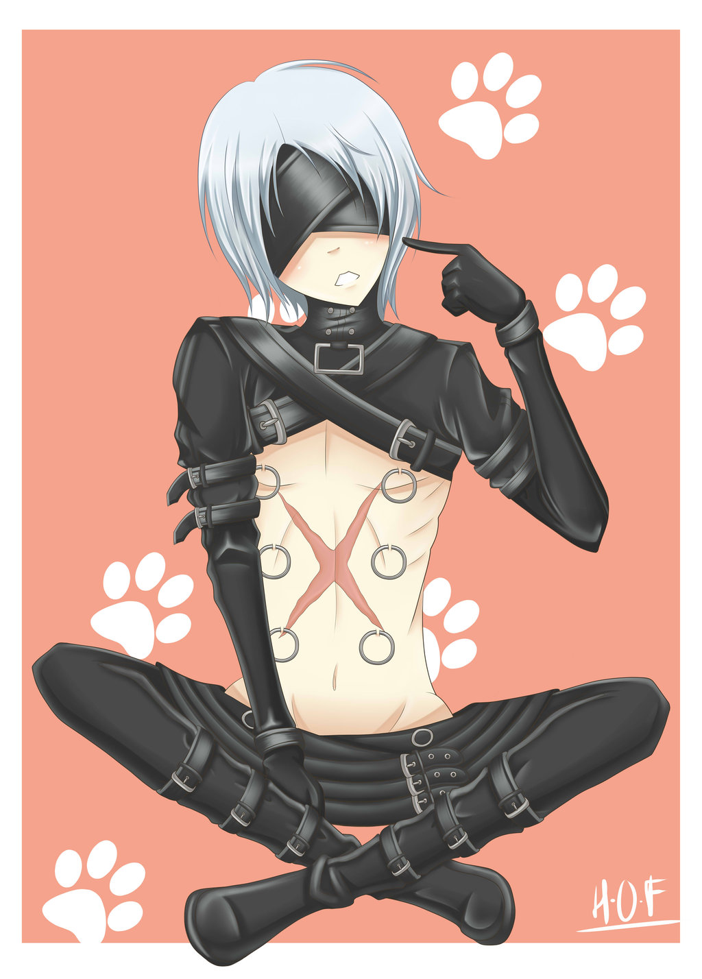 1boy bondage covered_eyes kau male_focus open_mouth piercing pink_background scar silver_hair sitting solo togainu_no_chi white_hair