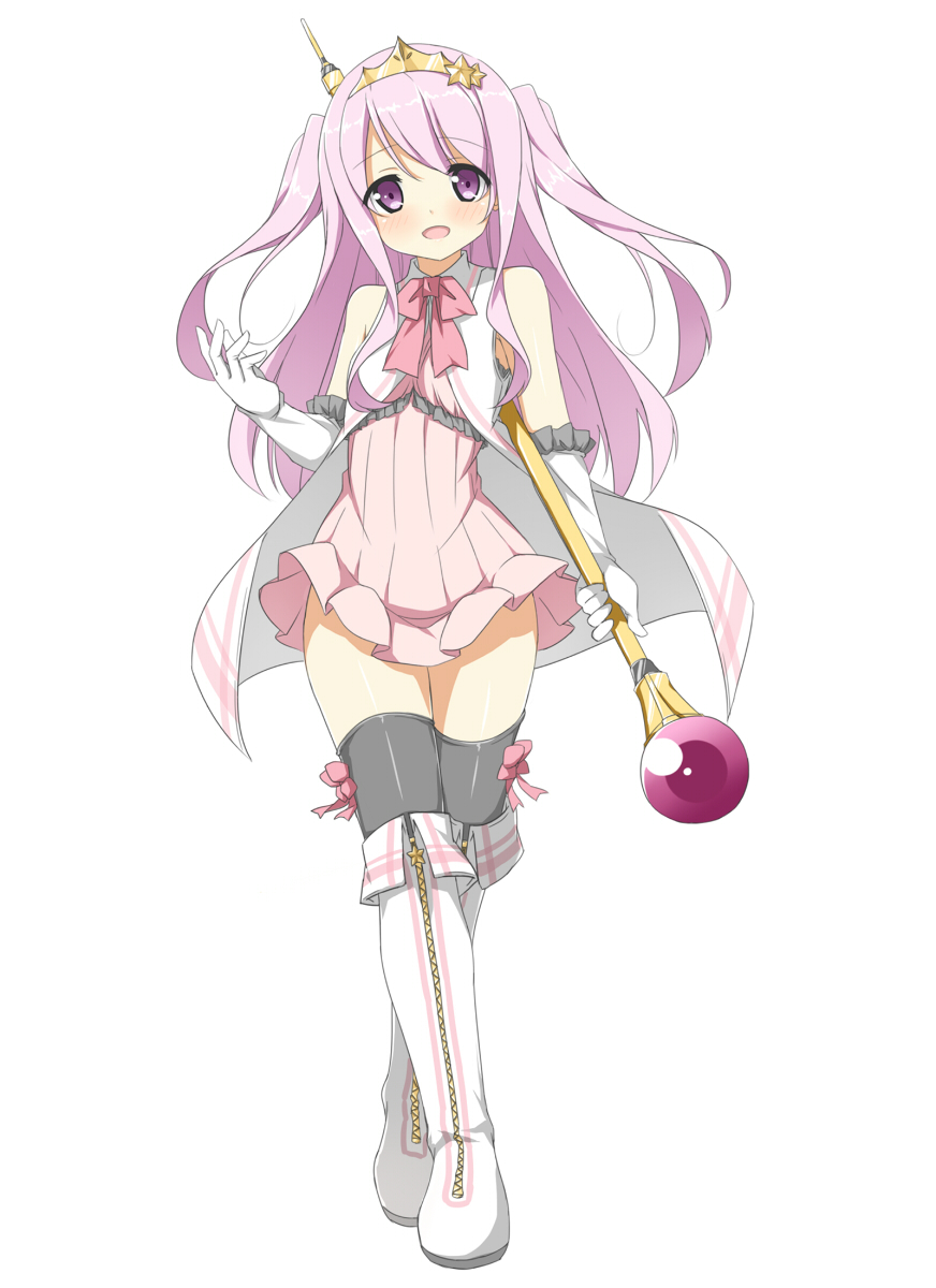 :d bare_shoulders black_legwear blush boots bow cloak dress elbow_gloves eyebrows_visible_through_hair frilled_dress frilled_gloves frills full_body gloves hair_ornament hatsunatsu head_tilt highres holding holding_staff knee_boots long_hair looking_at_viewer open_mouth orb original pink_bow pink_dress pink_hair pleated_dress purple_eyes short_dress simple_background sleeveless smile solo staff standing star star_hair_ornament tareme thighhighs tiara two_side_up white_background white_cloak white_gloves zipper zipper_pull_tab