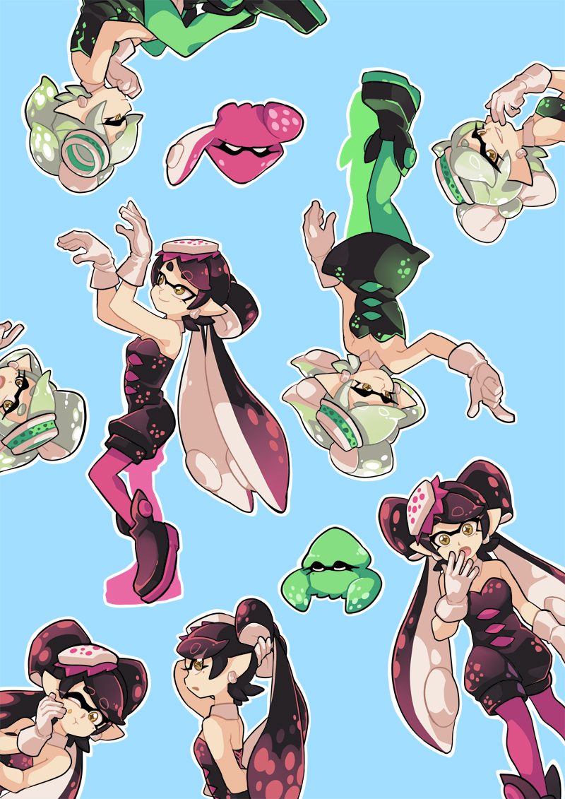 2girls ankle_boots aori_(splatoon) black_dress black_footwear black_jumpsuit blue_background boots closed_eyes closed_mouth cousins detached_collar domino_mask dress earrings expressions food food_on_face food_on_head gloves green_legwear grey_hair grin hotaru_(splatoon) invisible_chair jewelry long_hair looking_at_viewer mask mole mole_under_eye multiple_girls object_on_head open_mouth pantyhose pointy_ears poses purple_legwear short_dress short_hair short_jumpsuit simple_background sitting smile splatoon_(series) squid squidbeak_splatoon standing strapless strapless_dress sushi tentacle_hair white_gloves wong_ying_chee