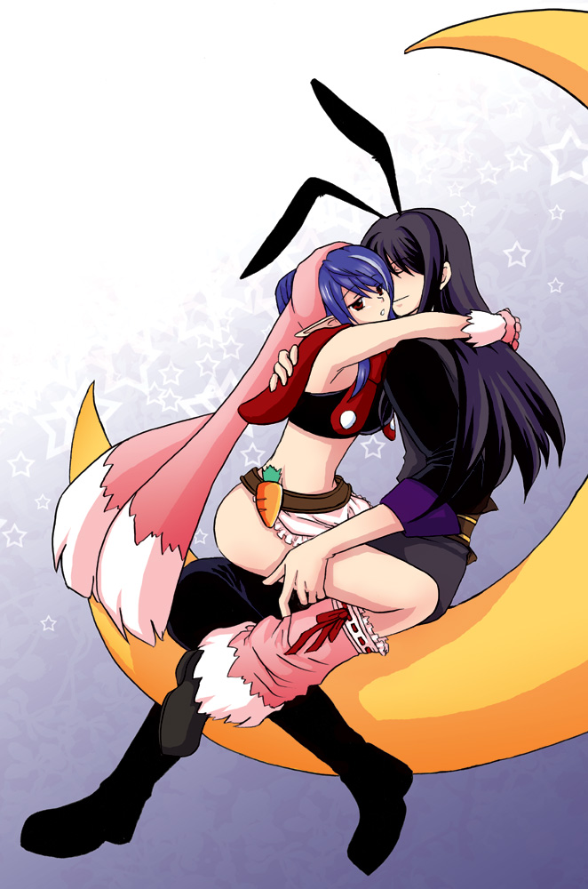 00s 1boy 1girl alternate_costume animal_ears apron asaki_yukia bangs black_hair blue_hair bunny_ears carrot crescent eyebrows_visible_through_hair eyes_closed fake_animal_ears gloves hug judith long_hair long_pointy_ears midriff moon pink_gloves pointy_ears purple_hair red_eyes sitting sitting_on_lap star straddling tales_of_(series) tales_of_vesperia waist_apron yuri_lowell