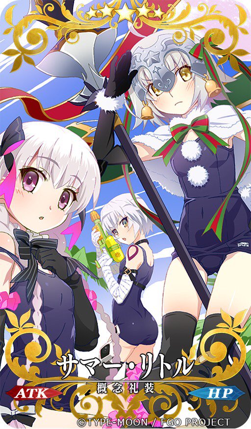 ahoge ass black_gloves blonde_hair braid breasts capelet elbow_gloves fate/apocrypha fate/extra fate/grand_order fate_(series) gloves hair_ribbon hat headpiece jack_the_ripper_(fate/apocrypha) jeanne_d'arc_(fate)_(all) jeanne_d'arc_alter_santa_lily large_breasts long_hair looking_at_viewer multiple_girls nursery_rhyme_(fate/extra) old_school_swimsuit one-piece_swimsuit open_mouth purple_eyes ribbon school_swimsuit short_hair smile swimsuit thighhighs twin_braids watanabe_akio water_gun white_hair yellow_eyes younger