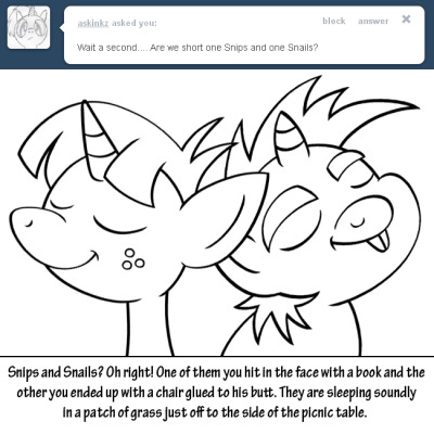 bitterplaguerat black_and_white dialogue earth_pony english_text equine freckles friendship_is_magic horn horse mammal monochrome my_little_pony pony sleeping snails_(mlp) snips_(mlp) text