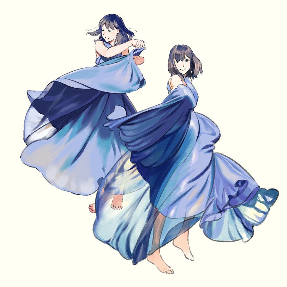 bare_arms barefoot blue_dress breasts brown_eyes brown_hair closed_eyes commentary_request dancing dress full_body long_dress looking_at_viewer medium_breasts multiple_views original short_hair simple_background skirt_hold smile standing umishima_senbon white_background