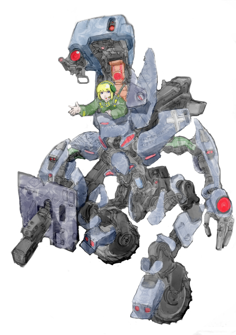bangs blonde_hair blue_eyes blunt_bangs camouflage cockpit commentary_request ear_protection headset long_sleeves looking_at_viewer mecha mortar_(weapon) open_cockpit open_mouth original outstretched_hand pathbunta pilot reverse_jointed_legs robot short_hair simple_background smile weapon wheel white_background