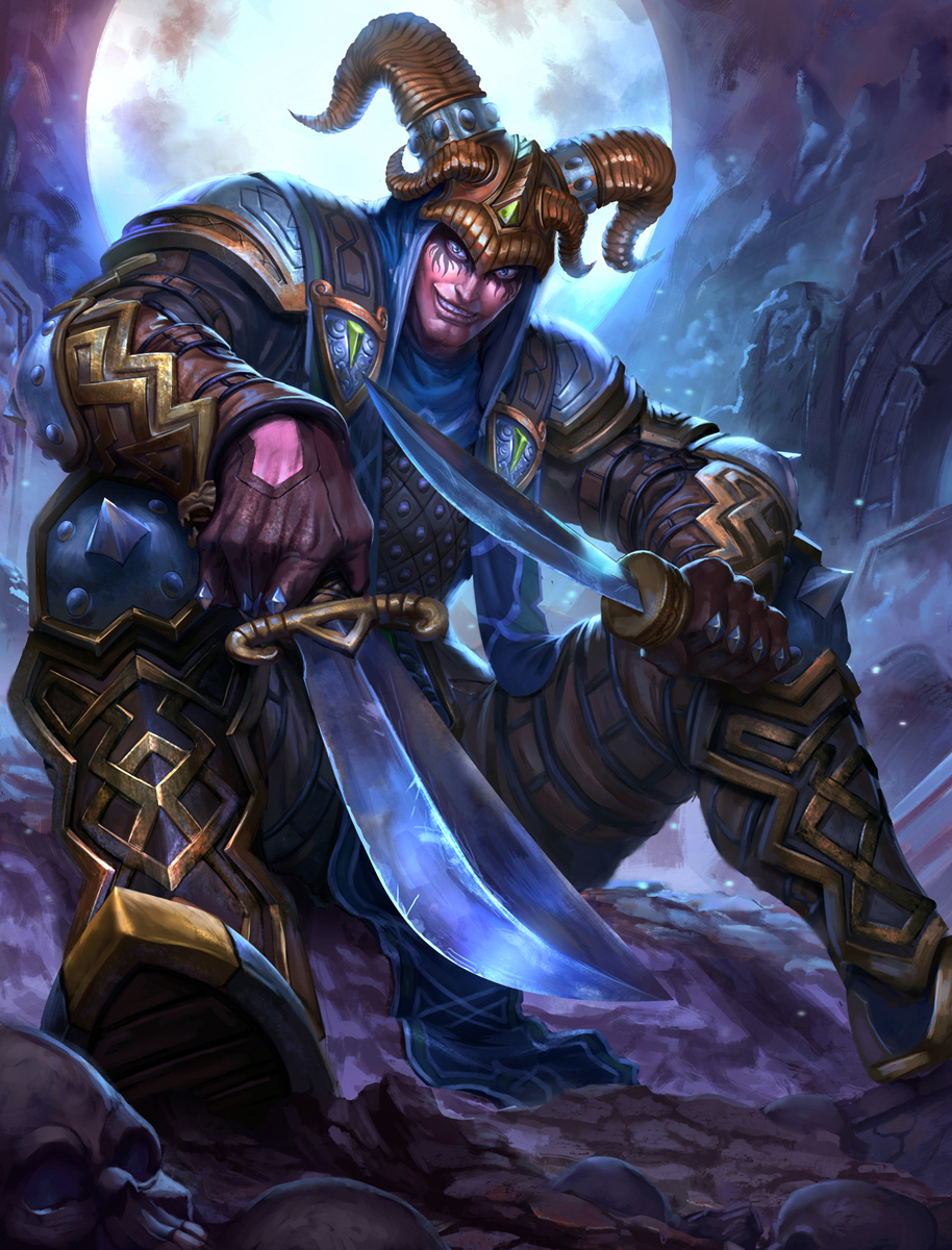 armor armored_boots blue_eyes bone boots brolo dagger facial_mark gloves helmet highres horns loki_(smite) male_focus moon night official_art pink_skin rock sitting skull smite snowing solo tattoo teeth weapon