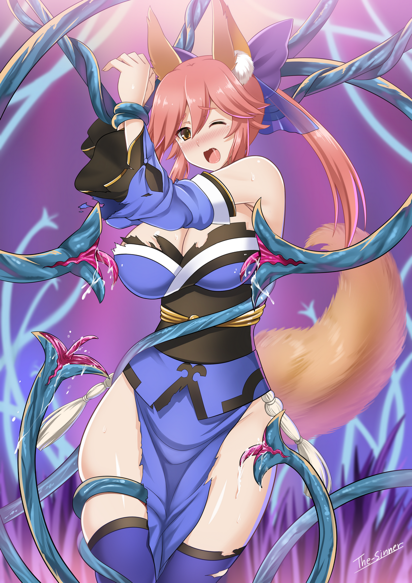 ahoge animal_ears arm_up armpits arms_up bangs bare_shoulders blue_legwear blush bound bound_ankles bound_torso bow breasts cleavage cleavage_cutout commentary_request detached_sleeves dress eyebrows eyebrows_visible_through_hair eyelashes fate/extella fate/extra fate/extra_ccc fate/grand_order fate_(series) fox_ears fox_tail grass hair_between_eyes hair_bow highres japanese_clothes kitsune large_breasts licking long_hair looking_at_viewer midriff no_bra nose_blush obi one_eye_closed open_mouth orange_eyes pelvic_curtain pink_hair ponytail purple_background purple_bow restrained saliva saliva_trail sash scared signature simple_background solo standing tail tamamo_(fate)_(all) tamamo_no_mae_(fate) tears tentacles the-sinner thighhighs tongue torn_clothes wide_hips wide_sleeves
