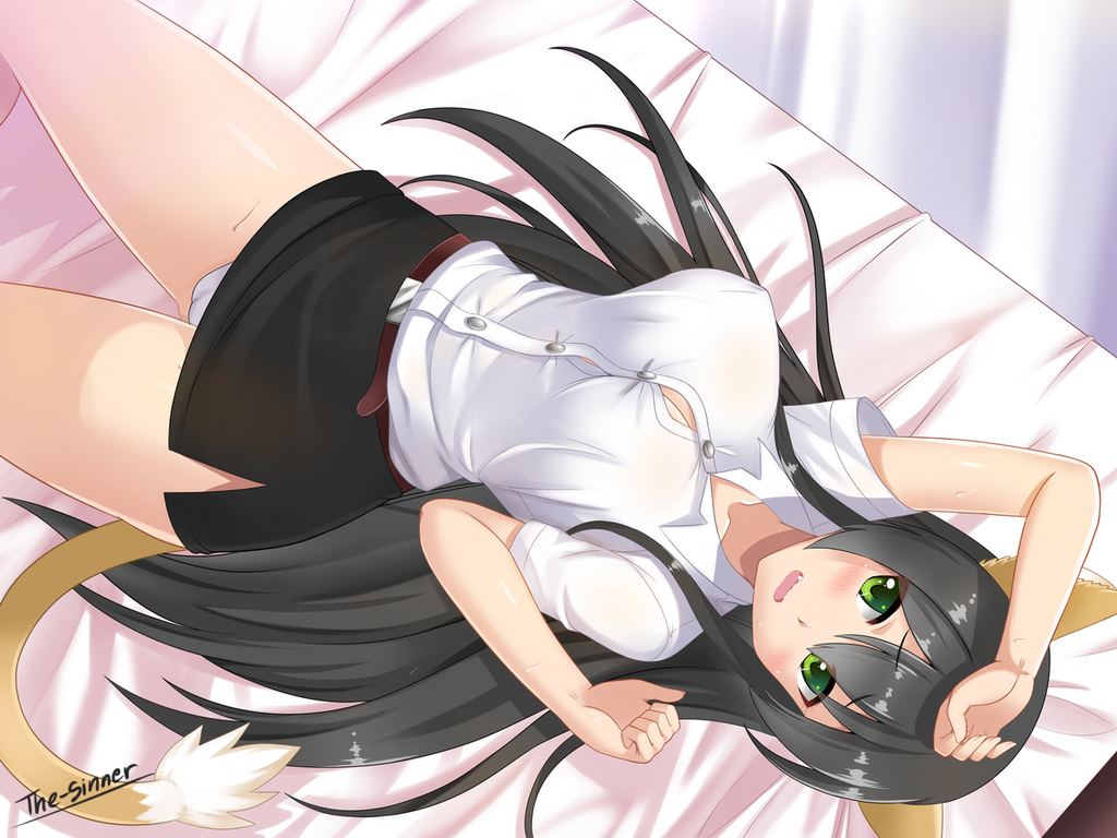 :o animal_ears artist_name bed bed_sheet belt black_hair blush breasts buttons cameltoe cat_ears cat_tail cleavage clenched_hand collared_shirt eyebrows eyebrows_visible_through_hair eyelashes fang green_eyes kemonomimi_mode large_breasts long_hair looking_at_viewer lying midriff miniskirt on_back open_mouth original panties pantyshot pantyshot_(lying) shadow shiny shiny_hair shiny_skin shirt short_sleeves signature simple_background skirt solo sweat sweatdrop tail the-sinner underwear v-shaped_eyebrows very_long_hair white_panties white_shirt