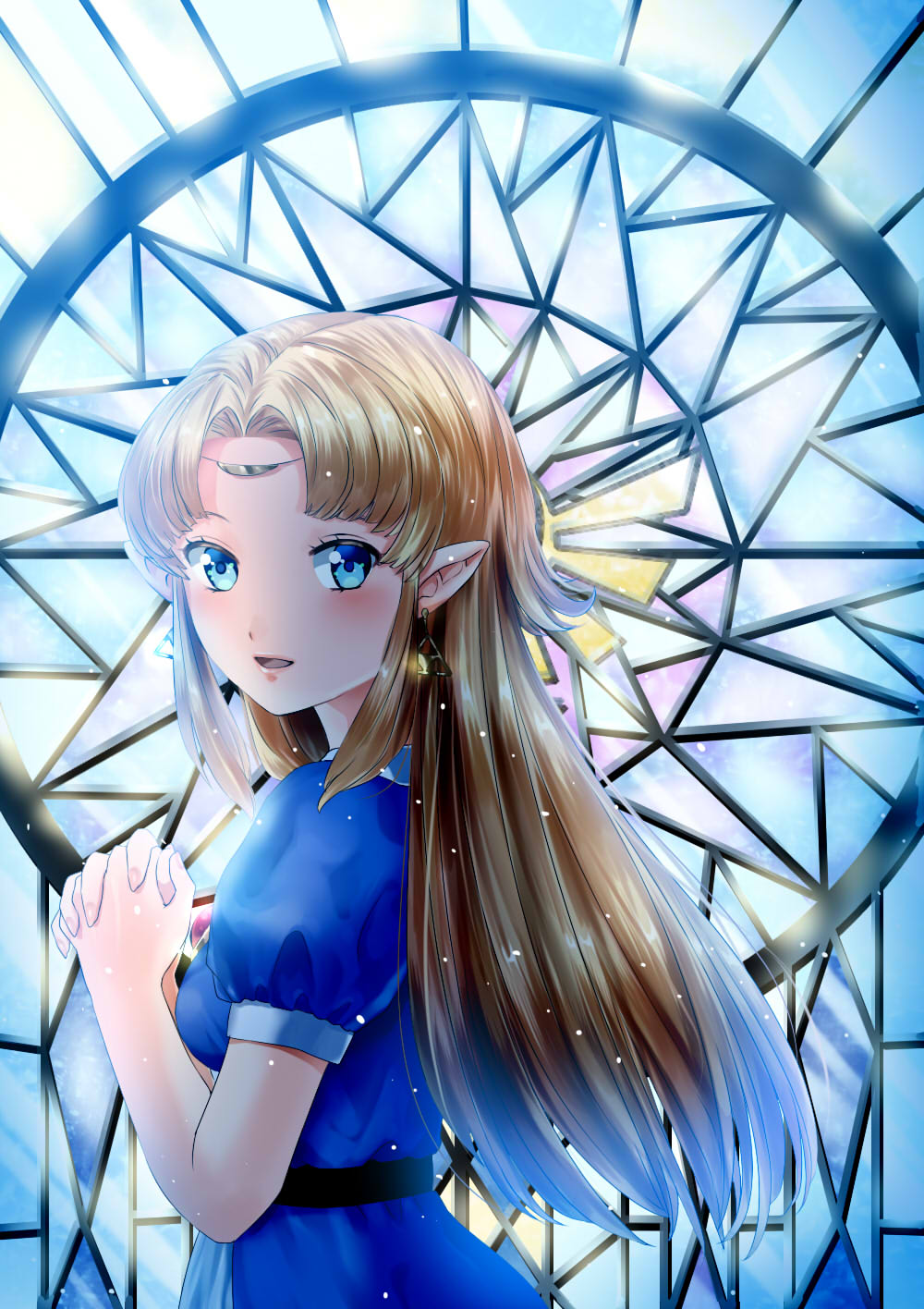 blue_background blue_dress blue_eyes blush brown_hair dress earrings from_side hands_clasped highres jewelry long_hair looking_at_viewer open_mouth own_hands_together pointy_ears princess_zelda puffy_short_sleeves puffy_sleeves short_sleeves solo the_legend_of_zelda the_legend_of_zelda:_a_link_to_the_past tiara wasabi_(legemd) window
