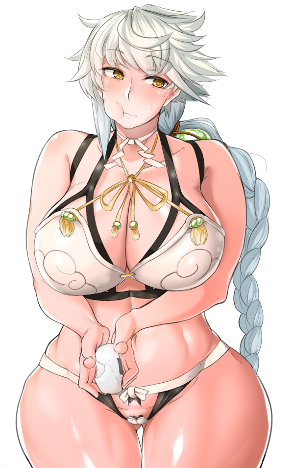 ass_visible_through_thighs bikini_top braid breasts cloud_print cowboy_shot crotchless_panties curvy eating food head_tilt holding holding_food kantai_collection large_breasts long_hair looking_to_the_side mm_(yoromu) neck_ribbon onigiri panties pubic_hair puffy_cheeks ribbon single_braid solo sweat underwear unryuu_(kantai_collection) very_long_hair white_background white_hair wide_hips yellow_eyes