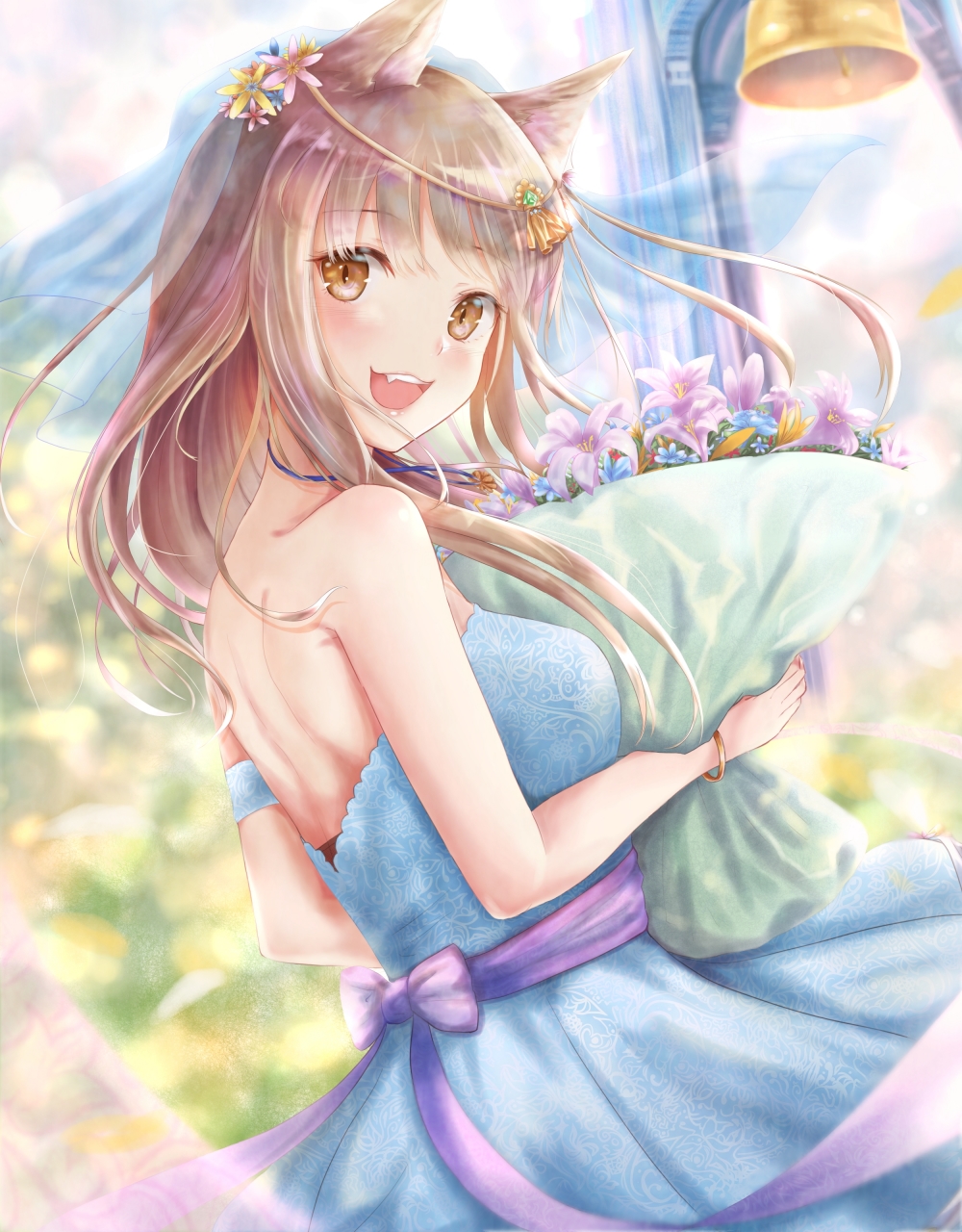 :3 :d animal_ears bad_id bad_pixiv_id bangle bare_arms bare_shoulders bell blue_dress blush bouquet bracelet breasts bridal_veil brown_eyes brown_hair cat_ears dress eyebrows_visible_through_hair fang flower from_side hair_flower hair_ornament highres holding holding_bouquet jewelry kinom_(sculpturesky) large_breasts lily_(flower) long_hair looking_at_viewer necklace open_mouth original see-through smile solo strapless strapless_dress teeth veil