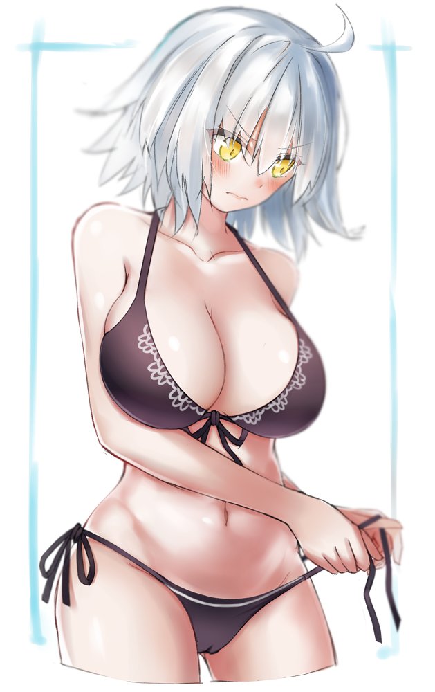 3: ahoge ass_visible_through_thighs bikini black_bikini blush breasts cameltoe cleavage contrapposto cowboy_shot cropped_legs eyebrows_visible_through_hair fate/grand_order fate_(series) front-tie_bikini front-tie_top frown halterneck jeanne_d'arc_(alter)_(fate) jeanne_d'arc_(fate)_(all) large_breasts rain_(nadroj31) short_hair side-tie_bikini silver_hair simple_background solo standing swimsuit tying white_background yellow_eyes