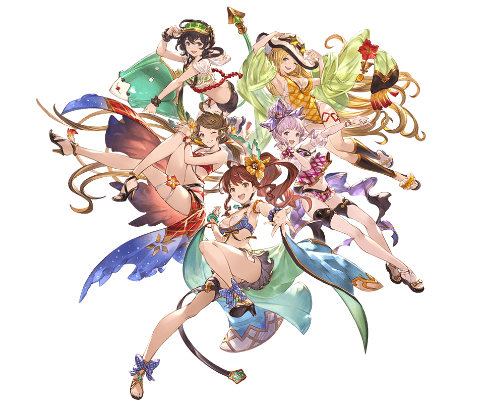 armpits bikini bikini_skirt black_hair blonde_hair bracelet breasts brown_hair canna_(granblue_fantasy) cleavage collar crossed_legs diantha_(granblue_fantasy) diola_(granblue_fantasy) flower granblue_fantasy hair_flower hair_ornament harie_(granblue_fantasy) jewelry leg_up linaria_(granblue_fantasy) long_hair looking_at_viewer medium_breasts midriff minaba_hideo multiple_girls navel official_art one_eye_closed open_mouth outstretched_hand purple_hair short_hair smile swimsuit transparent_background wrist_cuffs