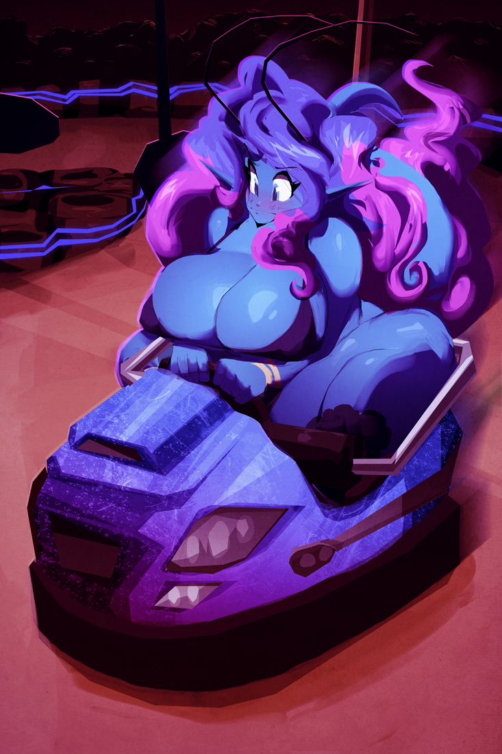 2017 alien antennae arcade big_breasts blue_hair blue_skin blush breasts bumper_cars clothed clothing female hair huge_breasts humanoid humor mirabelle multicolored_hair not_furry purple_hair riendonut solo two_tone_hair