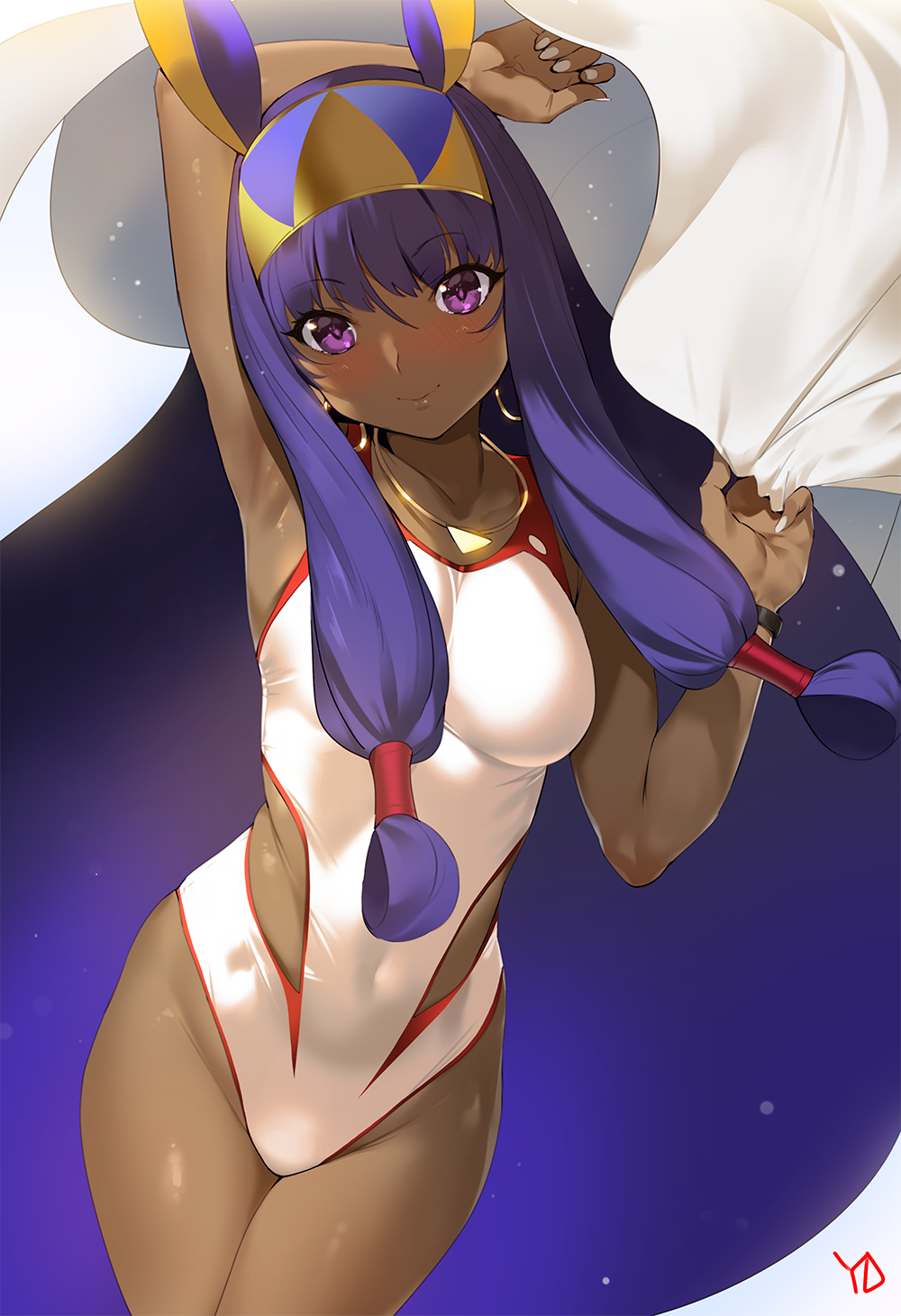 animal_ears arm_up armpits artist_name bed_sheet blush breasts closed_mouth covered_navel cowboy_shot earrings eyebrows_visible_through_hair fate/grand_order fate_(series) hair_tubes hairband highres hoop_earrings jackal_ears jewelry long_hair looking_at_viewer medium_breasts necklace nitocris_(fate/grand_order) nitocris_(swimsuit_assassin)_(fate) one-piece_swimsuit purple_eyes purple_hair sheet_grab sidelocks smile solo swimsuit very_long_hair white_swimsuit wristband yang-do