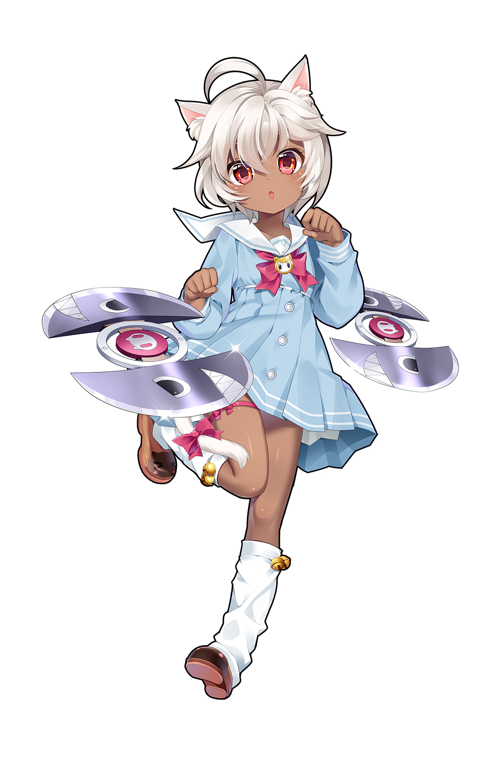 ahoge animal_ears bell blade blue_dress bow bowtie cat_ears cat_tail character_request copyright_request dark_skin dress full_body heart heart-shaped_pupils highres jingle_bell leg_warmers long_sleeves looking_at_viewer mvv open_mouth paw_pose red_eyes ribbon sailor_collar sailor_dress shoes short_hair simple_background solo standing standing_on_one_leg symbol-shaped_pupils tail tail_bow tail_ribbon thigh_ribbon white_background white_hair