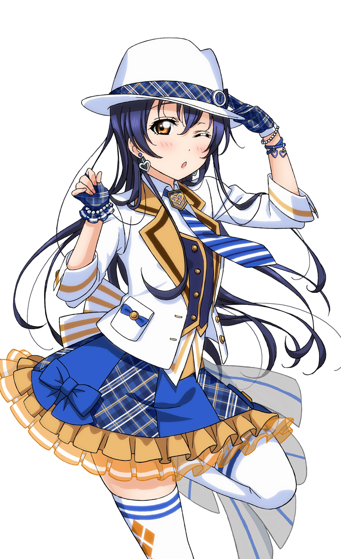 ;o artist_request bangs blue_eyes blue_gloves blue_hair blue_neckwear blush bow bracelet brown_eyes checkered checkered_skirt earrings fingerless_gloves frills gloves hair_between_eyes hat jacket jewelry long_hair looking_at_viewer love_live! love_live!_school_idol_festival love_live!_school_idol_festival_after_school_activity love_live!_school_idol_project necktie official_art one_eye_closed open_mouth skirt solo sonoda_umi striped striped_neckwear thighhighs transparent_background vest white_legwear