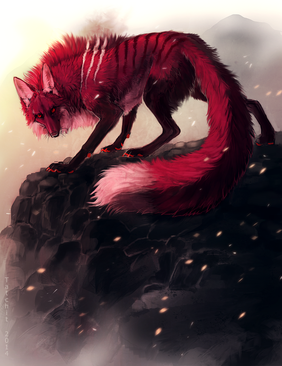 2014 ambiguous_gender canine day detailed_background feral fox fur mammal outside paws red_eyes rock solo tatchit