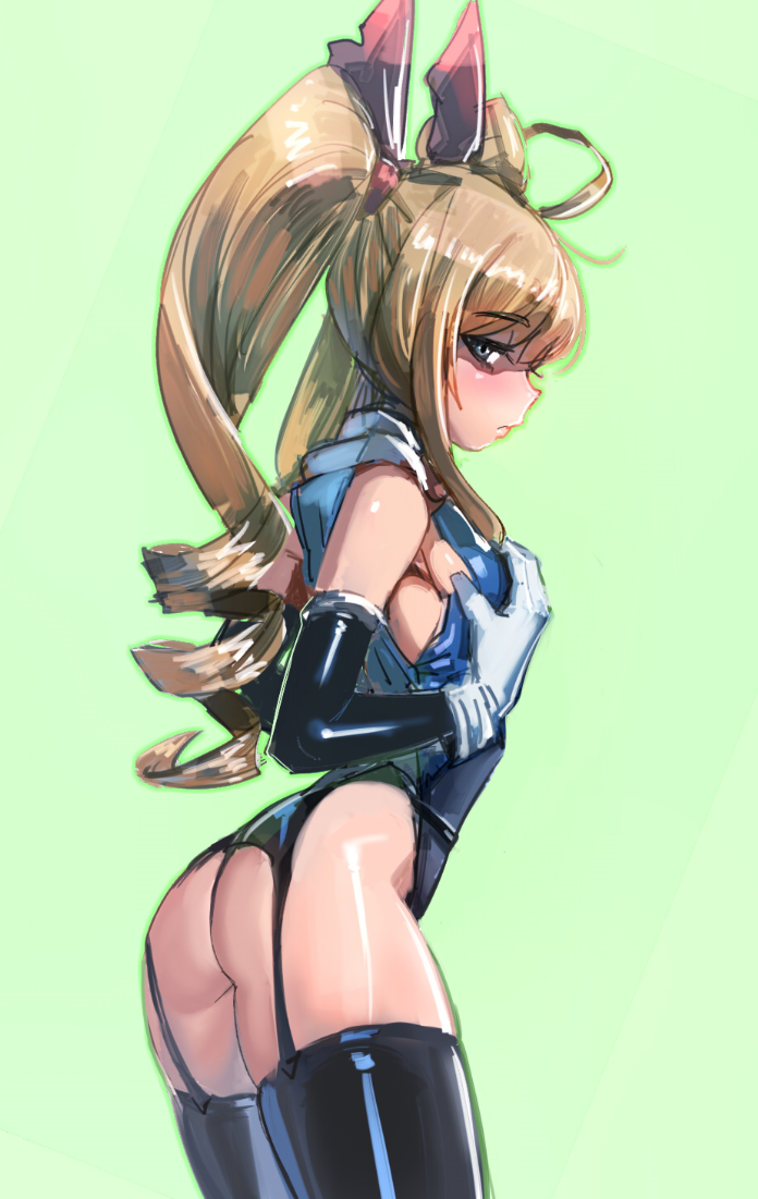 ahoge arched_back ass black_gloves black_legwear blonde_hair blue_eyes bodysuit bow_(bhp) breasts closed_mouth commentary_request elbow_gloves from_side garter_straps gloves green_background hands_up long_hair no_panties original ringlets sideboob sidelocks simple_background small_breasts solo thighhighs thighs twintails white_gloves