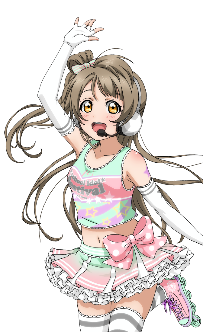 artist_request bangs bare_shoulders blush bow breasts brown_hair character_name cheerleader collarbone copyright_name elbow_gloves fingerless_gloves frills gloves hair_bow headset long_hair love_live! love_live!_school_idol_festival love_live!_school_idol_festival_after_school_activity love_live!_school_idol_project midriff minami_kotori navel official_art one_side_up open_mouth skirt small_breasts smile solo star_tattoo striped takaramonozu tattoo thighhighs transparent_background yellow_eyes
