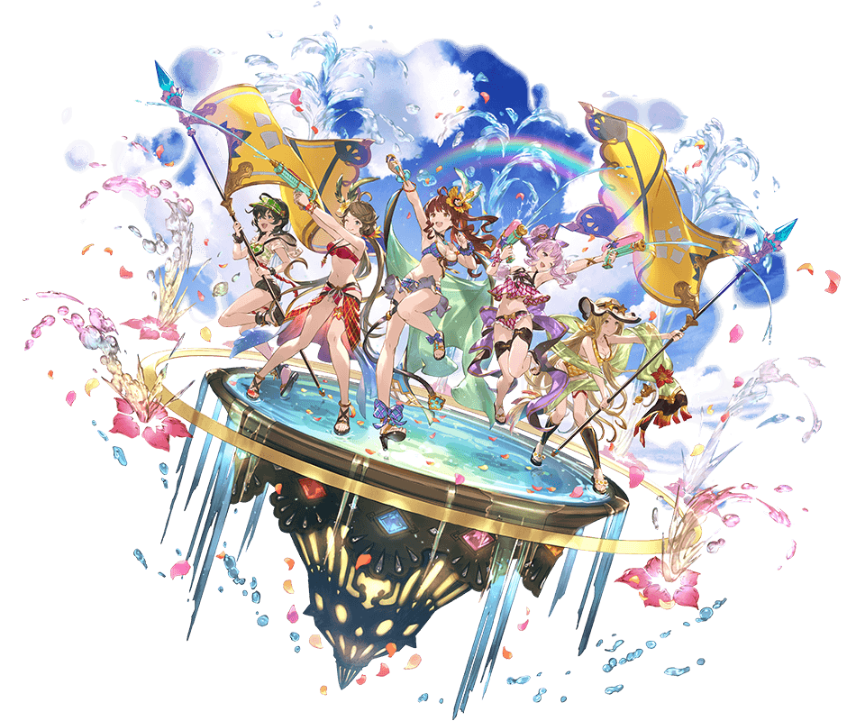 arm_up armpits bare_shoulders bikini black_hair blonde_hair blue_sky bracelet breasts brown_hair canna_(granblue_fantasy) cloud diantha_(granblue_fantasy) diola_(granblue_fantasy) dual_wielding flag flower granblue_fantasy hair_flower hair_ornament harie_(granblue_fantasy) hat holding jewelry leg_up linaria_(granblue_fantasy) long_hair medium_breasts microphone midriff minaba_hideo multiple_girls navel official_art one-piece_swimsuit one_eye_closed open_mouth open_toe_shoes petals purple_hair rainbow shoes short_hair shorts sky smile sun_hat swimsuit transparent_background water water_gun
