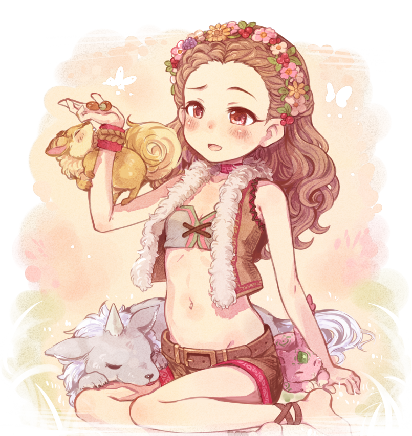 7010 acorn barefoot belt blush brown_hair bug bunny butterfly choker commentary_request curly_hair flower fur_trim hair_flower hair_ornament idolmaster idolmaster_cinderella_girls insect long_hair midriff navel open_mouth red_eyes seki_hiromi shorts sitting sleeveless smile solo squirrel wolf