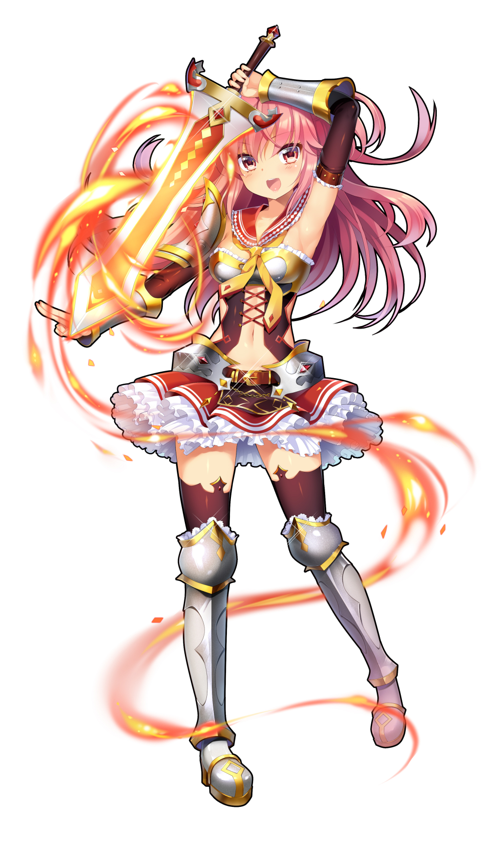 :d arm_up armor armored_boots armpits ascot belt boots breasts brown_legwear chain character_request copyright_request detached_collar detached_sleeves fire flaming_sword frilled_skirt frills full_body glint heart heart-shaped_pupils highres long_hair medium_breasts mvv navel open_mouth petticoat pink_hair red_eyes simple_background skirt smile solo sword symbol-shaped_pupils thighhighs vambraces weapon white_background zettai_ryouiki