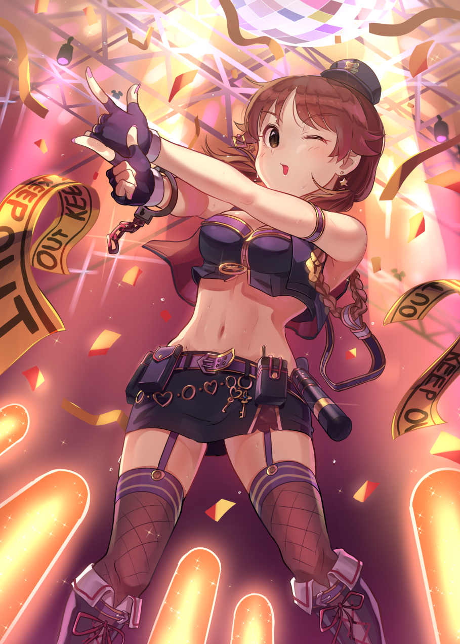 belt black_gloves blue_hat breasts brown_eyes brown_hair caution_tape cleavage cuffs eyebrows_visible_through_hair fingerless_gloves garter_straps gloves handcuffs hat heart highres idolmaster idolmaster_cinderella_girls idolmaster_cinderella_girls_starlight_stage kamille_(vcx68) katagiri_sanae keep_out large_breasts looking_at_viewer nail_polish navel one_eye_closed pink_nails police_hat short_hair solo thighhighs