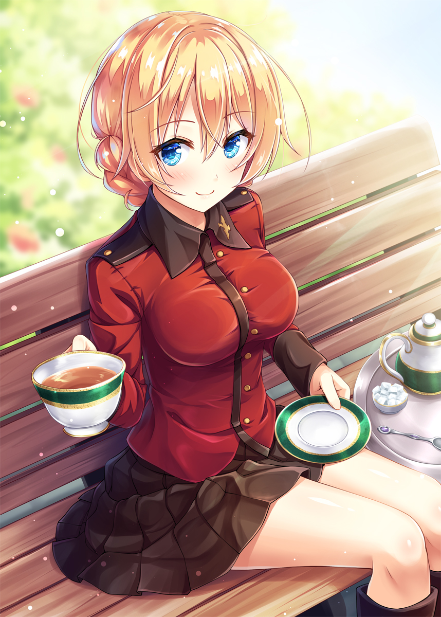 akashio_(loli_ace) bench black_skirt blonde_hair blue_eyes blush braid breasts commentary cup darjeeling girls_und_panzer hair_between_eyes highres holding holding_cup jacket light_particles looking_at_viewer medium_breasts military military_uniform park_bench pleated_skirt red_jacket saucer shiny shiny_hair sitting skirt smile solo spoon st._gloriana's_military_uniform sugar_cube tea teacup teapot thighs uniform