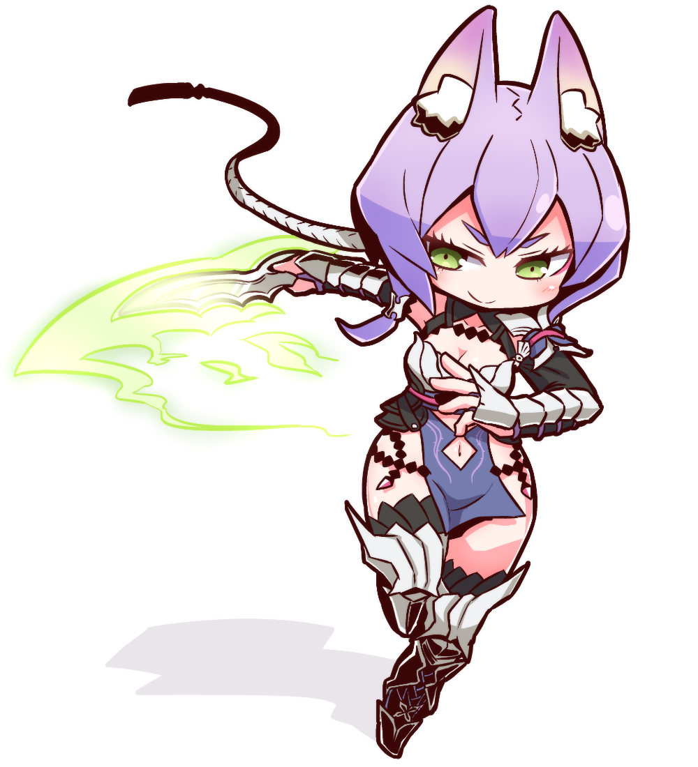 animal_ears blush breasts character_request chibi cleavage closed_mouth collarbone copyright_request fox_ears green_eyes holding holding_knife holding_weapon knife looking_away medium_breasts naga_u navel purple_hair short_hair smile solo weapon