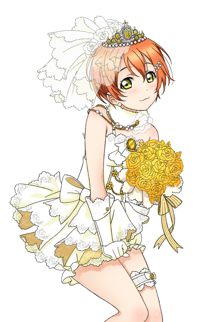 :3 artist_request bangs bare_shoulders blush bouquet bridal_veil bride dress earrings flower frills gloves hair_between_eyes hair_ornament hairclip hoshizora_rin jewelry leg_garter love_live! love_live!_school_idol_festival love_live!_school_idol_festival_after_school_activity love_live!_school_idol_project official_art orange_hair puffy_pants rose short_hair sleeveless sleeveless_dress smile solo thigh_strap tiara transparent_background veil wedding_dress white_gloves yellow_eyes yellow_flower yellow_rose