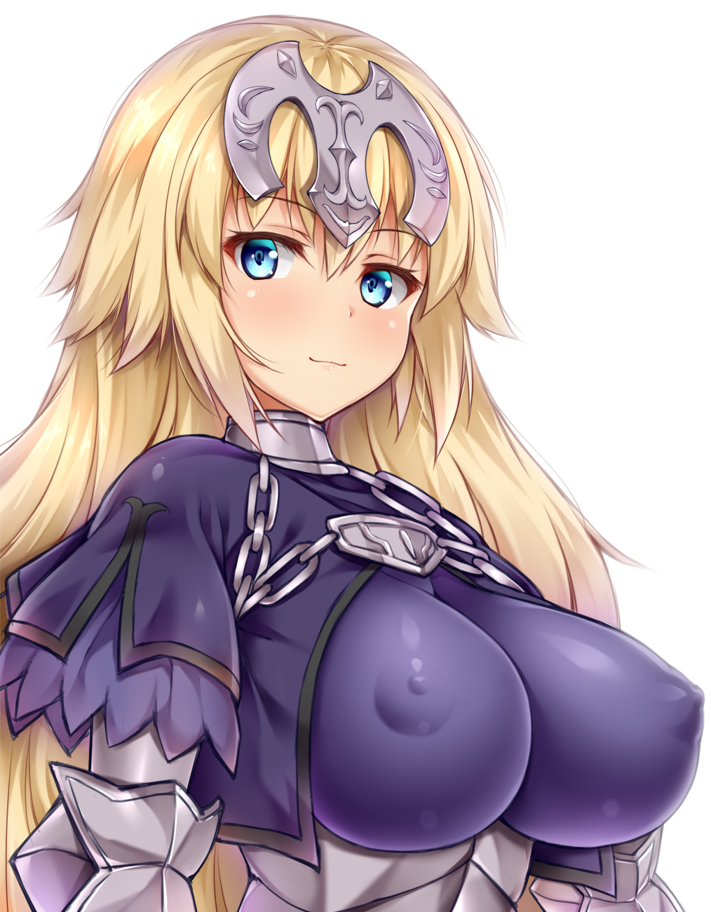 blonde_hair blue_eyes blush braid breasts chain commentary_request covered_nipples fate/apocrypha fate_(series) hair_between_eyes headpiece highres jeanne_d'arc_(fate) jeanne_d'arc_(fate)_(all) kuragari large_breasts long_hair looking_at_viewer no_bra simple_background smile solo upper_body white_background