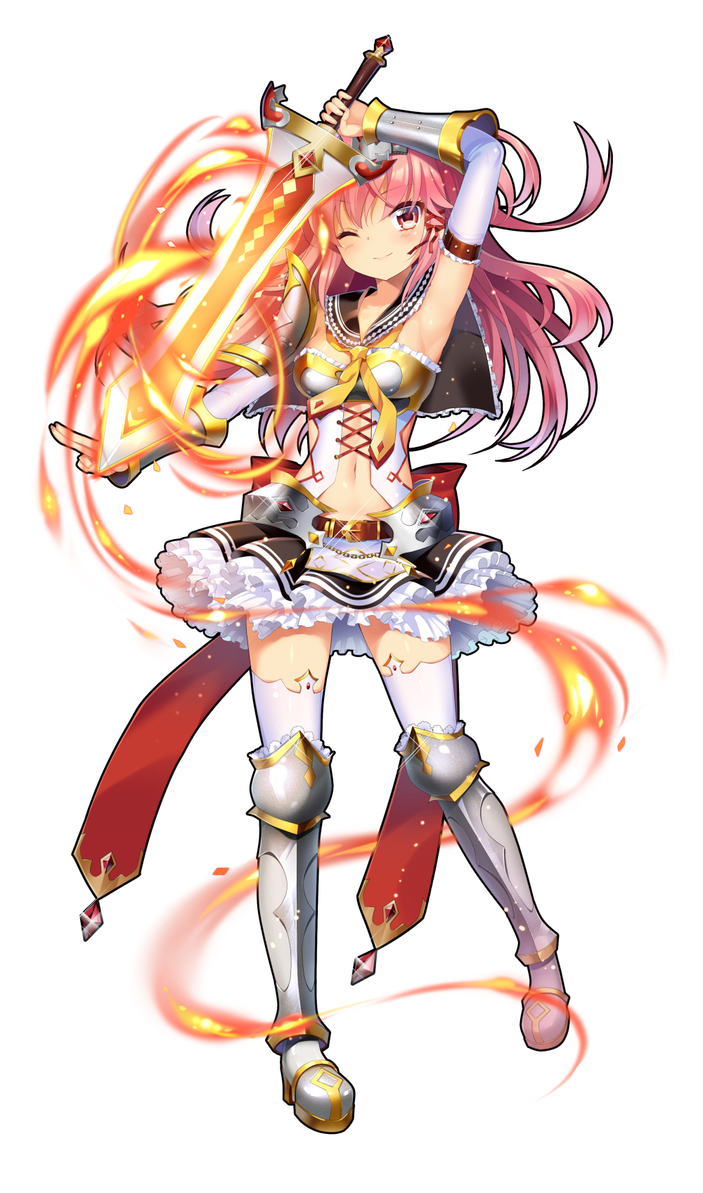 ;) arm_up armor armored_boots armpits ascot belt boots breasts capelet chain character_request copyright_request detached_collar detached_sleeves fire flame_sword flaming_sword frilled_skirt frills full_body glint heart heart-shaped_pupils highres long_hair medium_breasts mvv navel one_eye_closed petticoat pink_hair red_eyes simple_background skirt smile solo sword symbol-shaped_pupils thighhighs vambraces weapon white_background white_legwear zettai_ryouiki