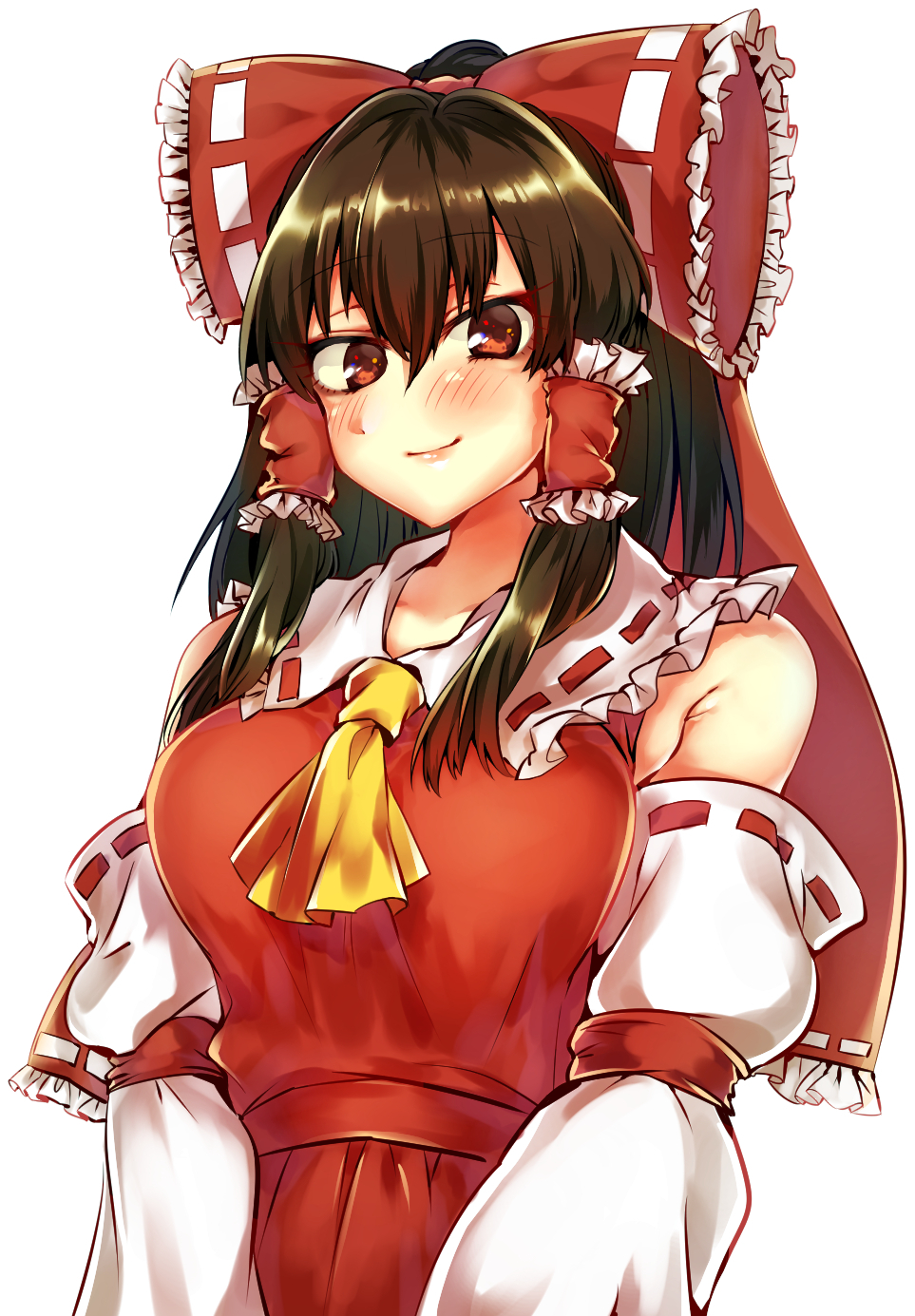 blush bow breasts brown_eyes brown_hair closed_mouth collarbone cookie_(touhou) doi eyebrows_visible_through_hair hair_bow hair_tubes hakurei_reimu highres large_breasts looking_at_viewer red_bow rurima_(cookie) short_hair smile solo touhou upper_body