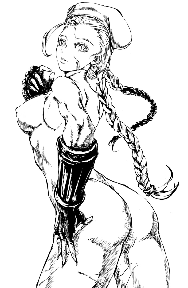 ahoge ass bare_shoulders braid cammy_white camouflage covered_nipples fingerless_gloves garrison_cap gloves graphite_(medium) greyscale hand_on_hip hat highres huge_ahoge impossible_clothes impossible_leotard jitsu_shizu leotard long_hair looking_at_viewer looking_back monochrome muscle muscular_female scar solo street_fighter street_fighter_zero_(series) thong_leotard traditional_media twin_braids very_long_hair