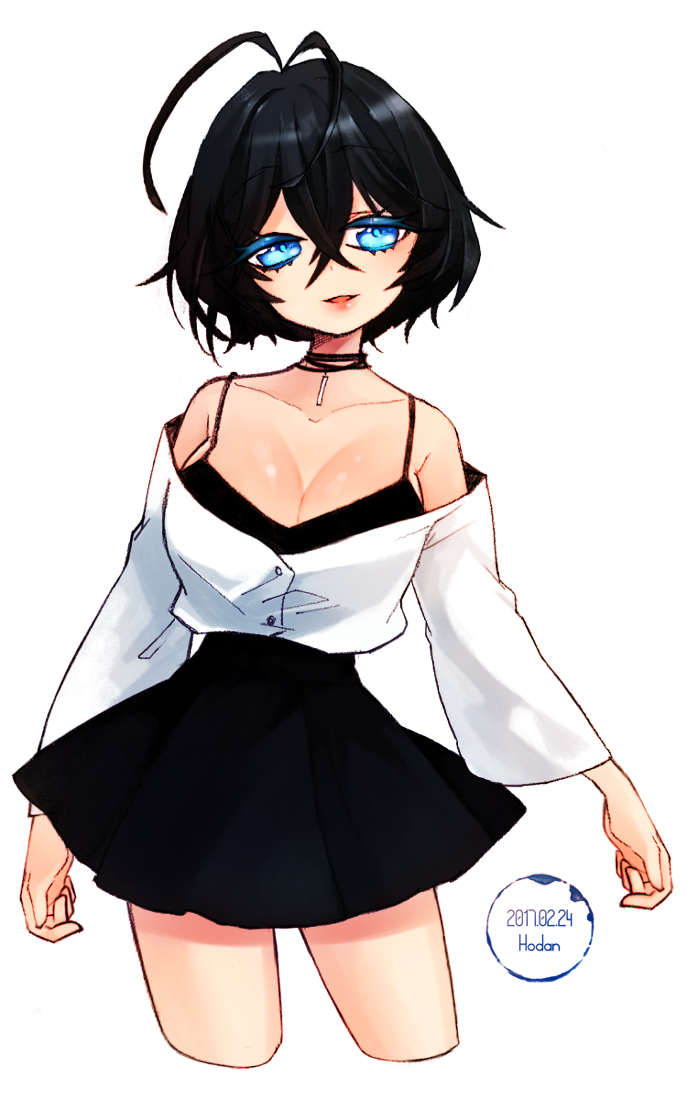antenna_hair artist_name bare_shoulders black_dress black_hair blue_eyes breasts cleavage contrapposto dated dress hair_between_eyes hodan_(cyzhfl) jacket large_breasts original parted_lips short_dress short_hair smile solo standing white_background white_jacket