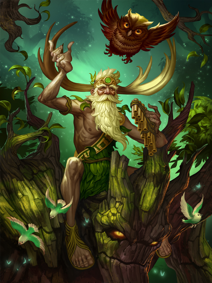 antlers beard bird facial_hair headband leaf long_hair male_focus mustache official_art owl sandals simon_eckert smite solo sylvanus_(smite) tree white_hair