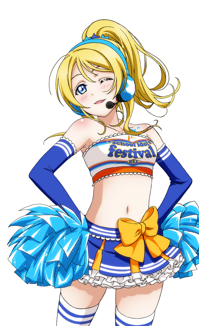artist_request ayase_eli bare_shoulders blonde_hair blue_eyes blush bow breasts character_name cheerleader collarbone elbow_gloves frills gloves hands_on_hips headset long_hair looking_at_viewer love_live! love_live!_school_idol_festival love_live!_school_idol_festival_after_school_activity love_live!_school_idol_project medium_breasts midriff navel official_art one_eye_closed open_mouth pom_poms ponytail skirt smile solo star star_tattoo strapless striped takaramonozu tattoo thighhighs transparent_background zettai_ryouiki