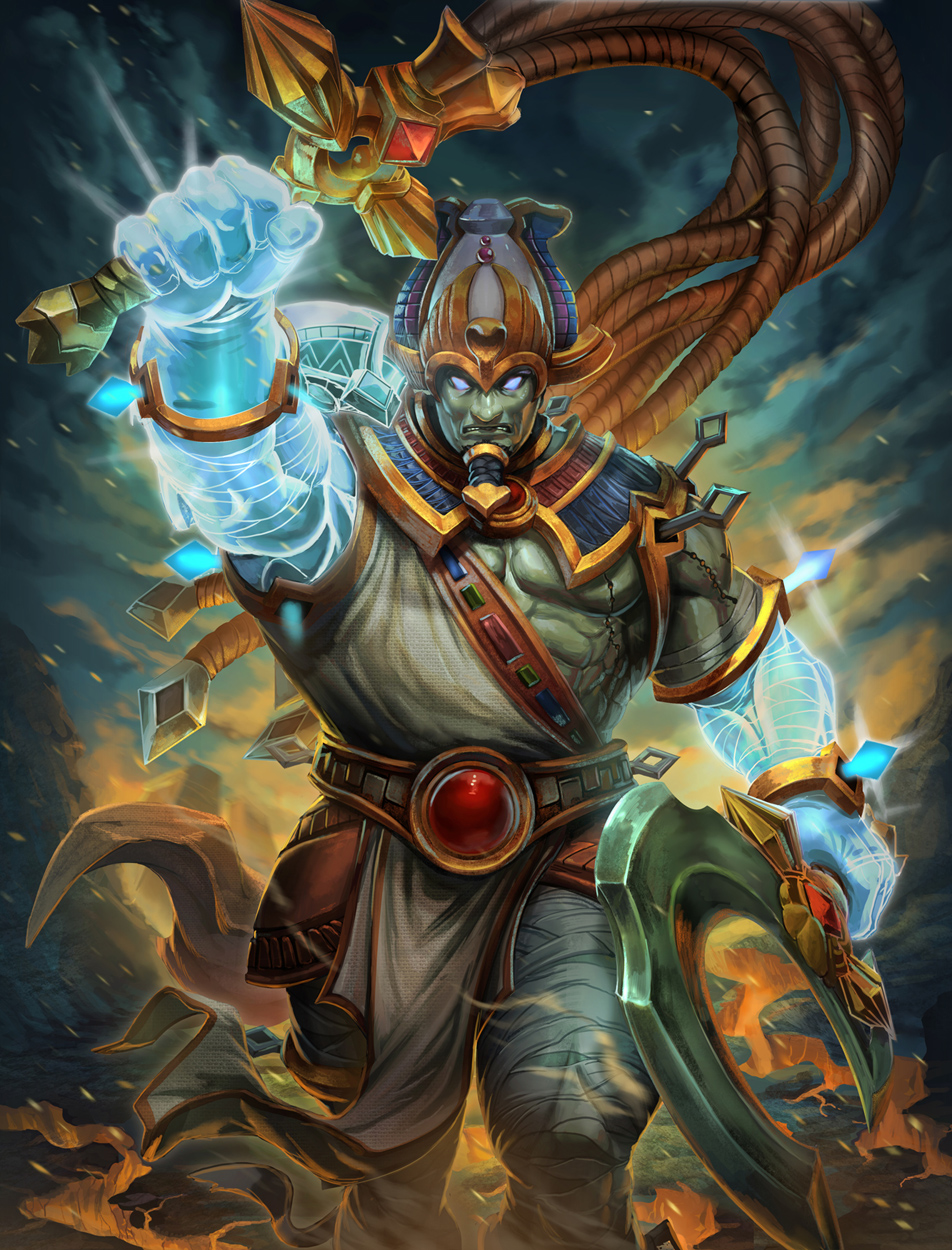 abs bandages beard black_hair brolo egyptian_clothes egyptian_hat egyptian_mythology facial_hair glowing glowing_eyes green_skin highres male_focus official_art osiris_(smite) purple_eyes rock scar sickle smite solo teeth whip