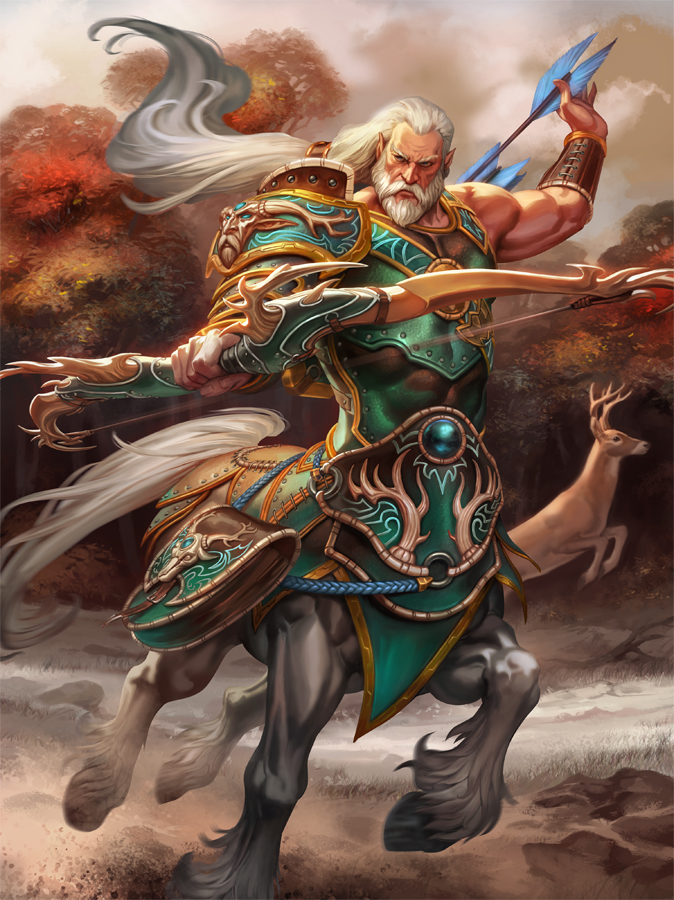 abs armor arrow beard blue_eyes bow_(weapon) centaur chiron_(smite) cloud cloudy_sky deer facial_hair greek_mythology leaf long_hair low_ponytail male_focus monster_boy official_art pointy_ears simon_eckert sky smite solo tree weapon white_hair