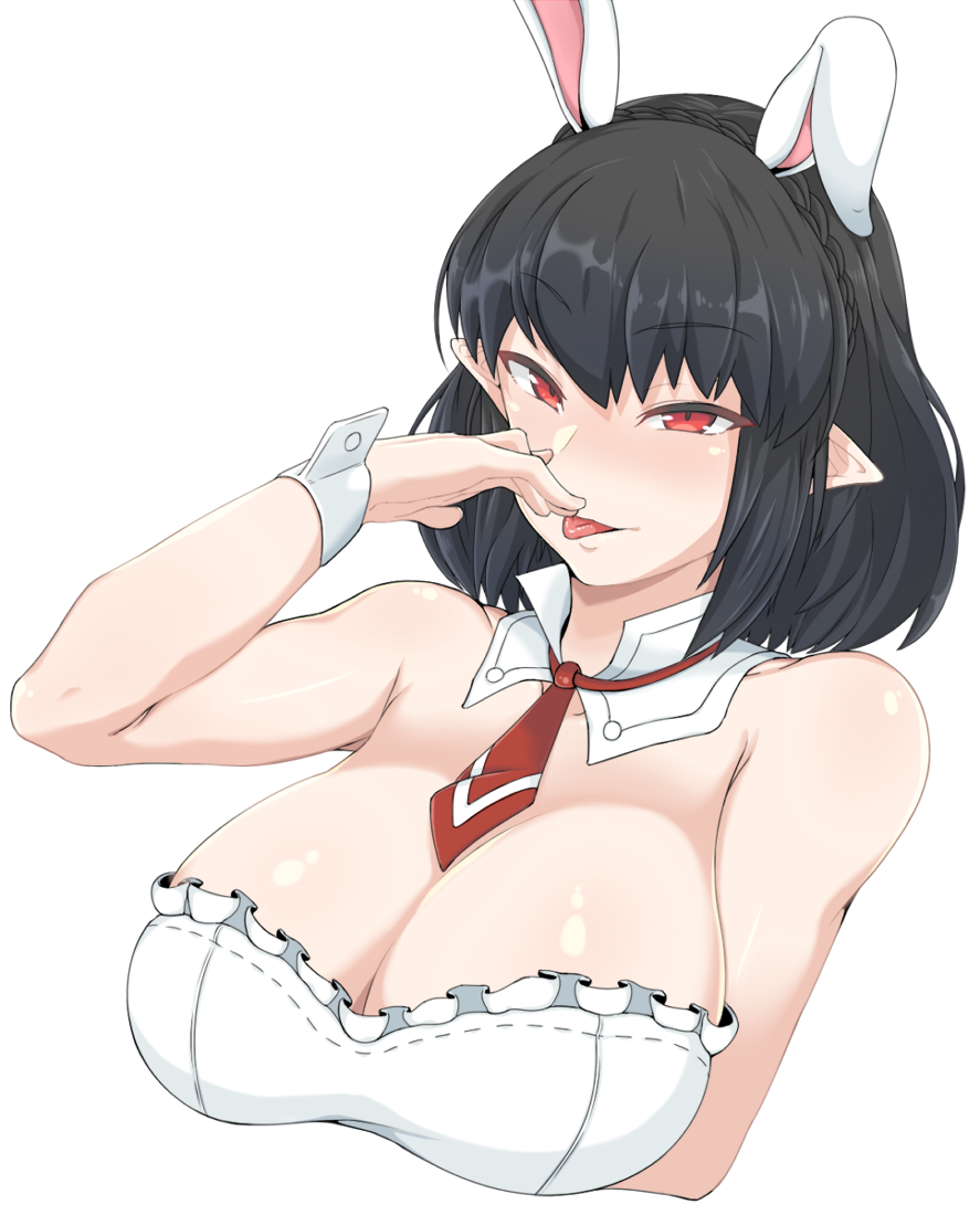animal_ears bangs bare_shoulders black_hair blush braid breast_hold breasts bunny_ears bunny_girl bunnysuit cleavage crown_braid detached_collar extra_ears eyebrows_visible_through_hair finger_licking finger_to_mouth frills large_breasts licking looking_at_viewer mabinogi mm_(yoromu) necktie pointy_ears red_eyes short_hair simple_background solo strapless upper_body white_background wrist_cuffs