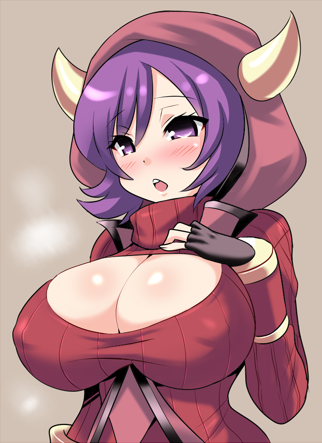 black_gloves blush breast_suppress breasts cleavage cleavage_cutout commentary_request covered_nipples fake_horns fingerless_gloves gloves heart heart-shaped_pupils hood horned_headwear huge_breasts kagari_(pokemon) konno_tohiro meme_attire open-chest_sweater open_mouth pokemon pokemon_(game) pokemon_oras purple_eyes purple_hair ribbed_sweater short_hair simple_background solo sweater symbol-shaped_pupils team_magma