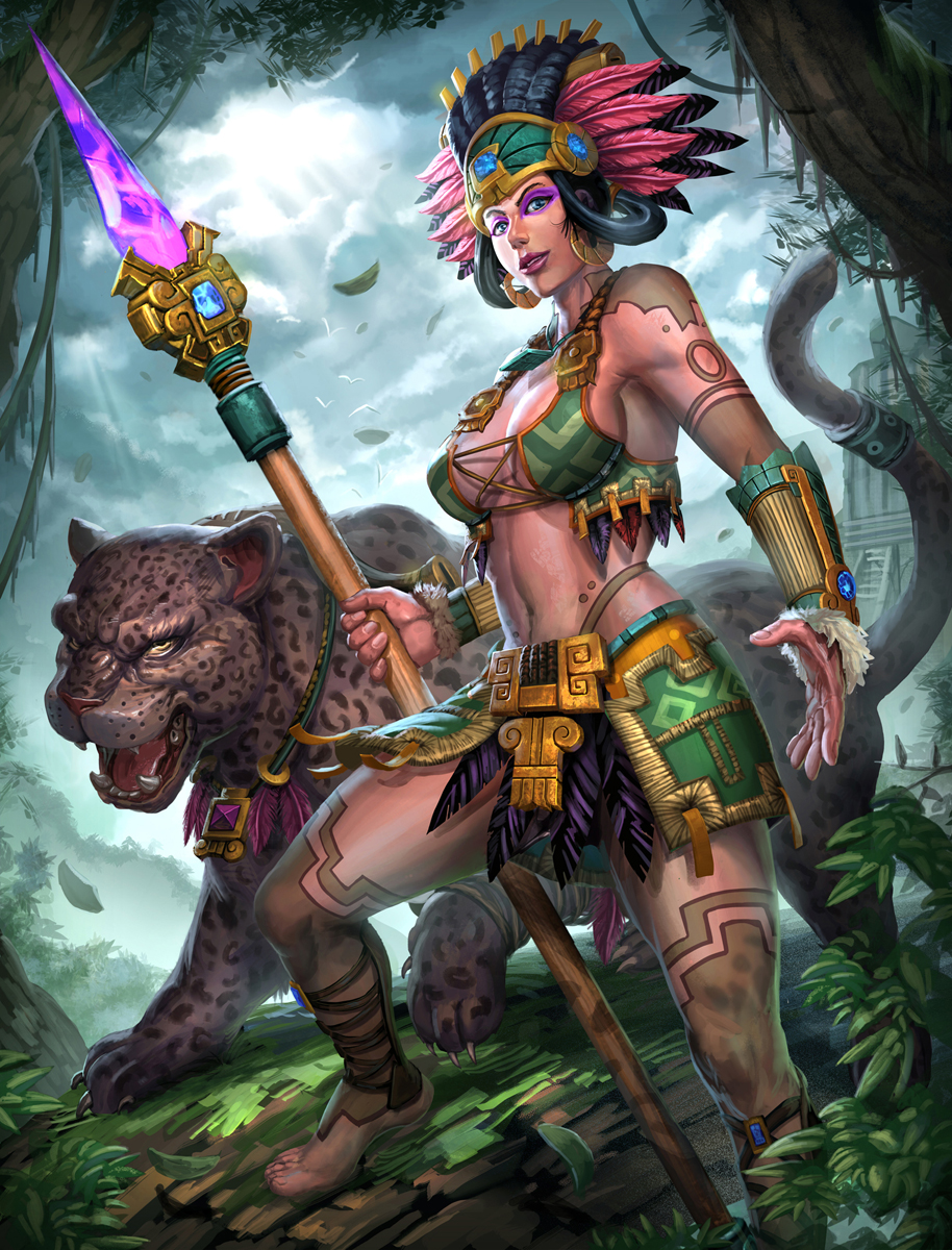 animal_ears awilix_(smite) bare_shoulders barefoot bird black_hair blue_eyes breasts brolo center_opening cleavage cloud cloudy_sky crown day earrings feathers fur_trim hairlocs highres jaguar jaguar_ears jaguar_tail jewelry large_breasts leaf lipstick makeup midriff navel official_art polearm sky smite solo spear tail tattoo teeth tree weapon