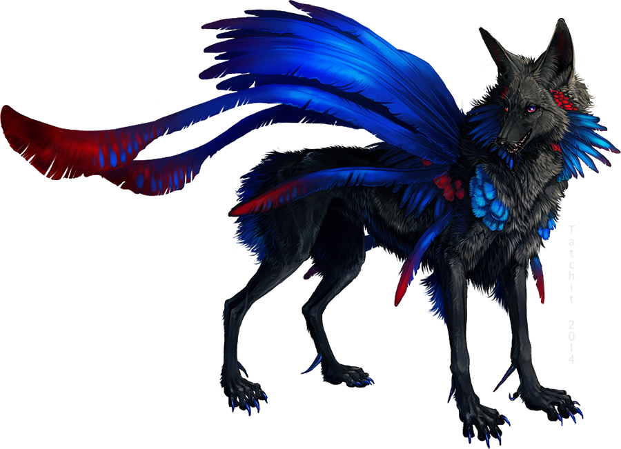 2014 alpha_channel ambiguous_gender black_fur black_nose blue_feathers canine claws feathers feral fur hybrid mammal paws purple_eyes simple_background solo standing tatchit teeth transparent_background