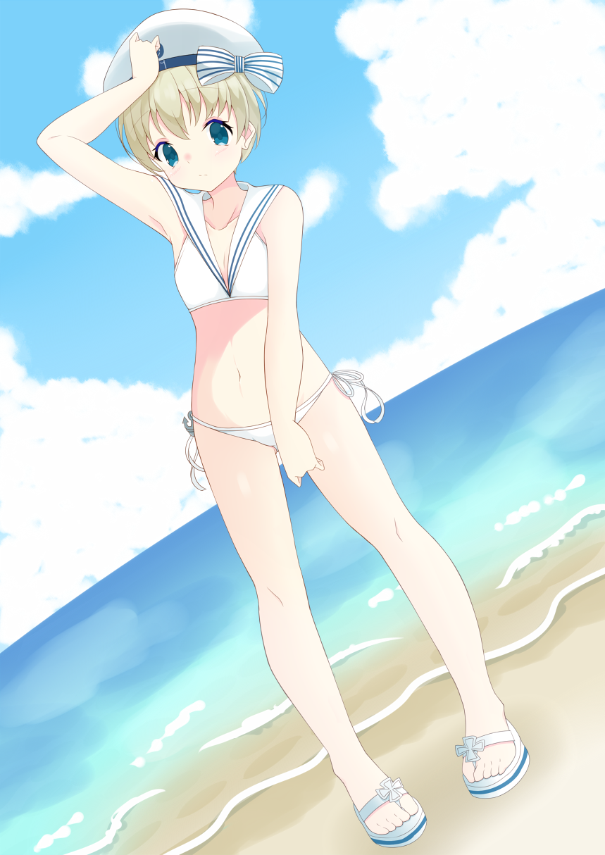 azu_a beach bikini blue_eyes clothes_writing cloud day dutch_angle flat_chest full_body hat highres horizon kantai_collection lowleg lowleg_bikini ocean outdoors sailor_bikini sailor_collar sailor_hat sandals short_hair side-tie_bikini silver_hair sky solo standing swimsuit white_bikini white_hat white_sailor_collar z1_leberecht_maass_(kantai_collection)